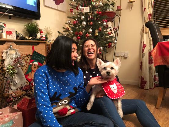 Millie, mum and I celebrating Christmas in our home 